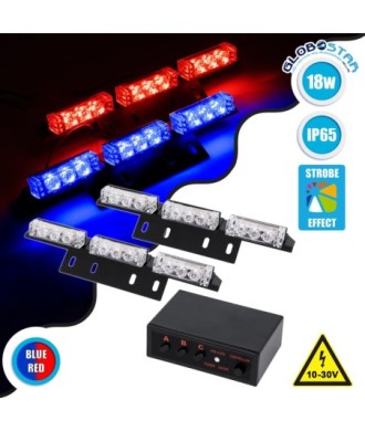 GloboStar® 85011 PRO Series ΣΕΤ 2 x Μπάρες Σήμανσης Οχήματος Αστυνομίας για Αυτοκίνητα & Φορτηγά 3 Προγραμμάτων Φωτισμού STROBE LED HIGH POWER 18W DC 10-30V Αδιάβροχο IP65 Μπλε & Κόκκινο